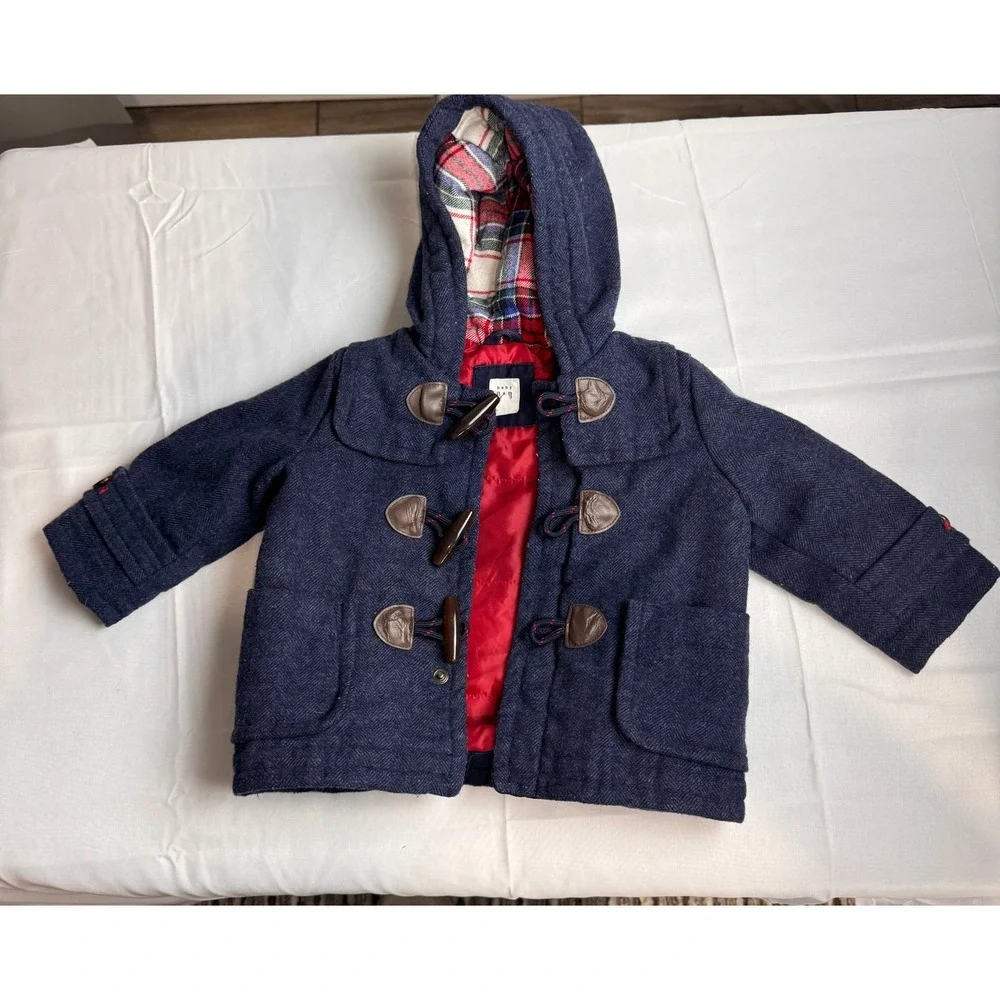 Baby Gap Navy Blue Herringbone Wool Blend Toggle Duffle Coat Hooded 6-12 Months